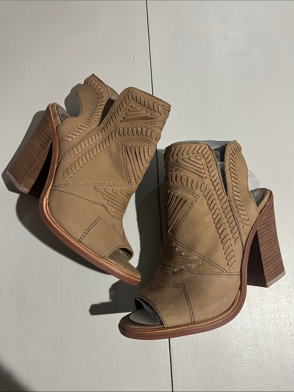 Vince Camuto Tan Suede Peep-Toe Block Heel Mules
